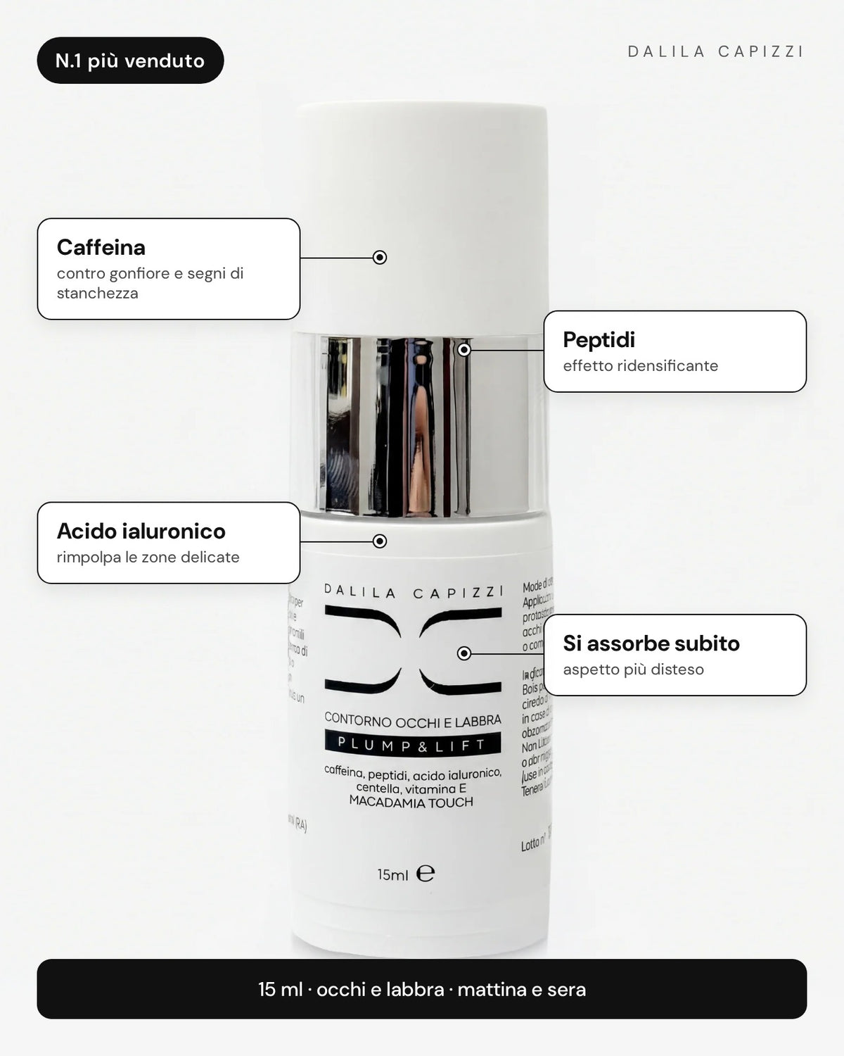 Contorno Occhi e Labbra Plump & Lift: caffeina, peptidi, acido ialuronico