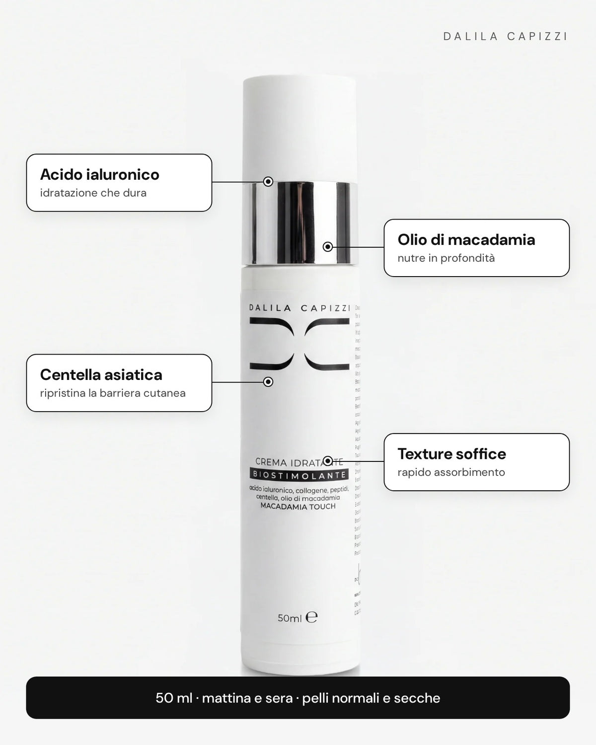 Crema Viso Acido Ialuronico: acido ialuronico, olio di macadamia, centella asiatica