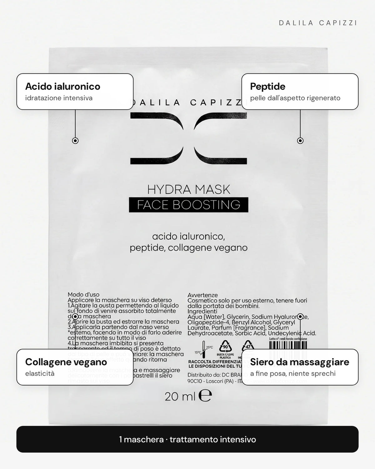 Hydra Mask Face Boosting: acido ialuronico, peptide, collagene vegano