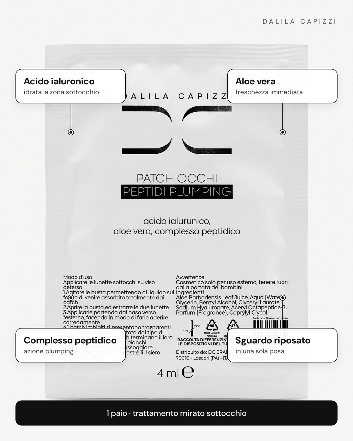 Patch Occhi ai Peptidi: acido ialuronico, aloe vera, complesso peptidico
